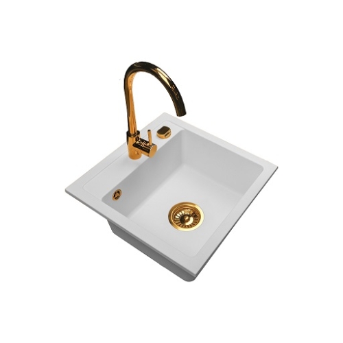 Zlewozmywak granitowy 1 komorowy biały Ela z akcesoriami w kolorze miedzi